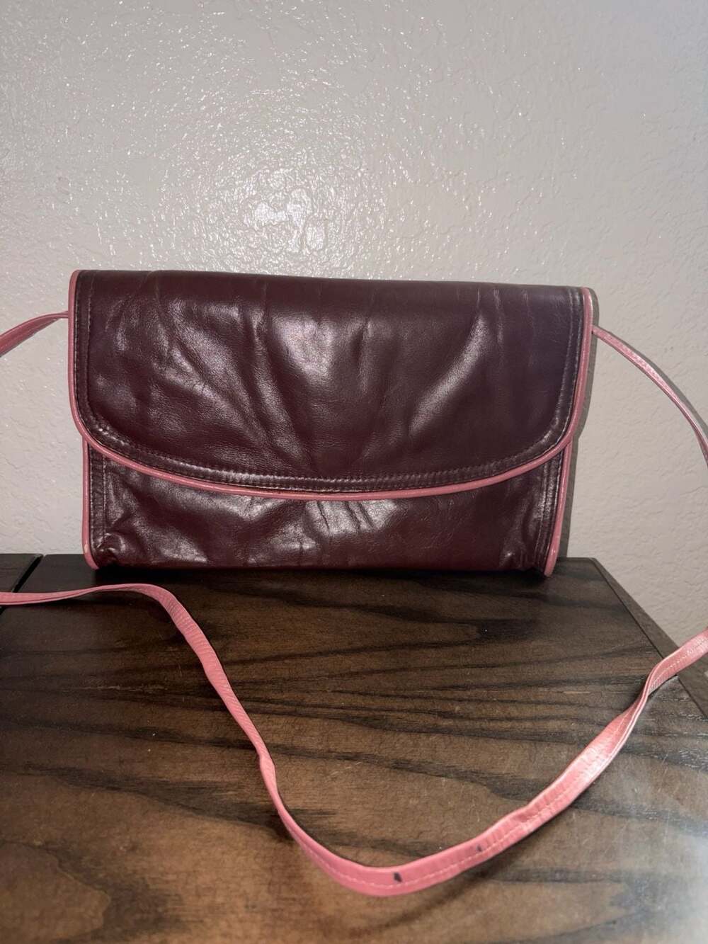 Vintage Timmy Woods Beverly Hills Brown Leather Clutch Bag with Pink Trim